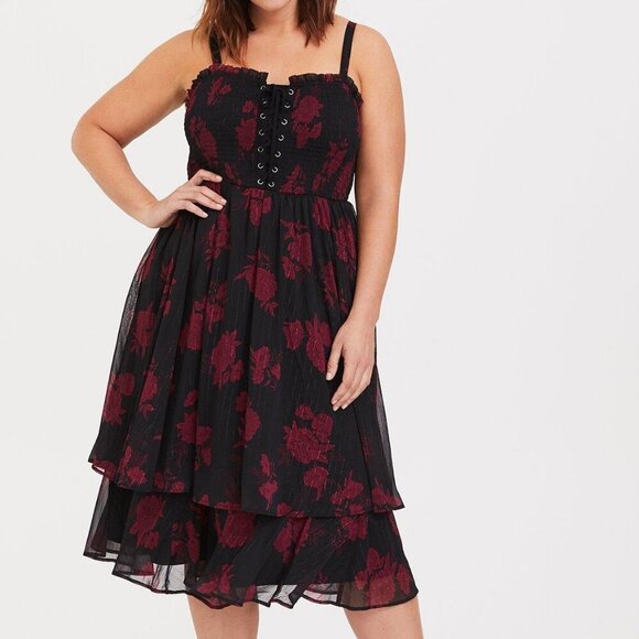 (Retired!) Black Floral Smocked Chiffon Midi Dress - Picture 1 of 4